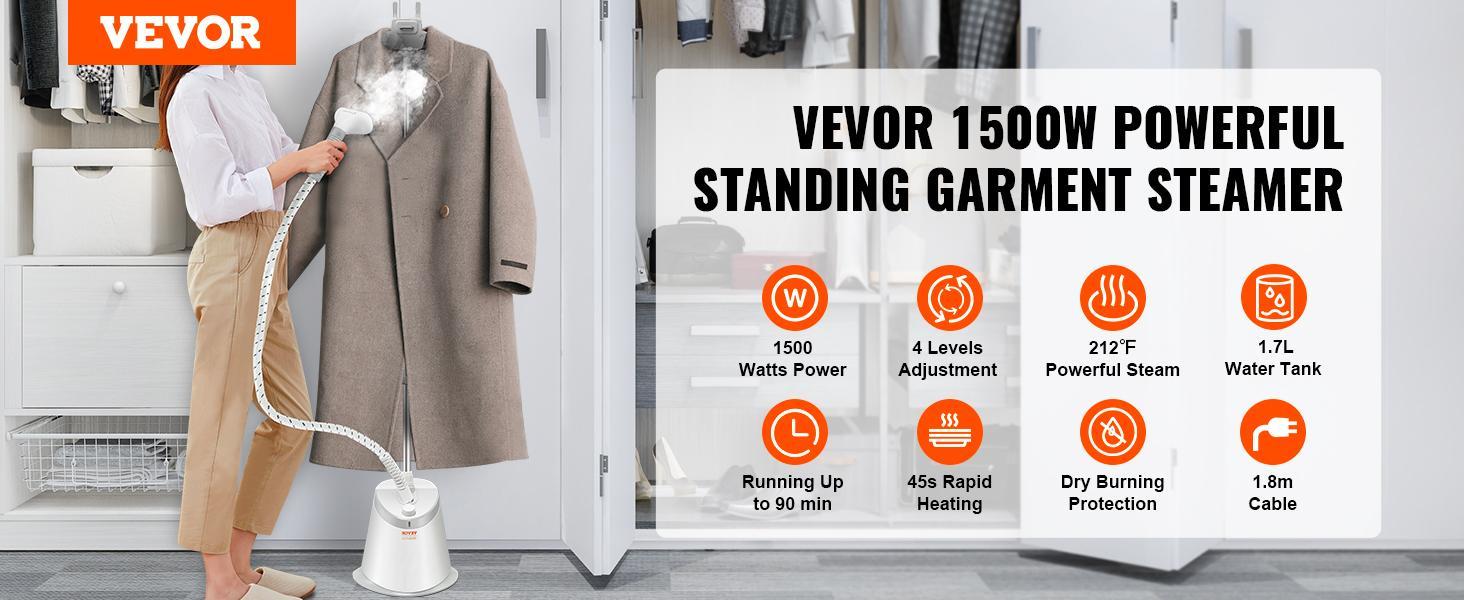 VEVOR Standing Steamer with Foldable Garment Hanger, 0.5Gallon Water Tank for 90 Minutes Continuous Steaming, Heats in 45 Seconds & Auto-Stop with Fabric Brush Aluminum Rod and Easy-roll Wheels