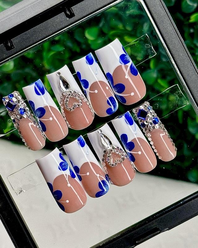ACRYLIC Blue Flower White French Tip Bling High Quality Hand Made Custom Press On Nails Long Medium Square Coffin Almond Stiletto