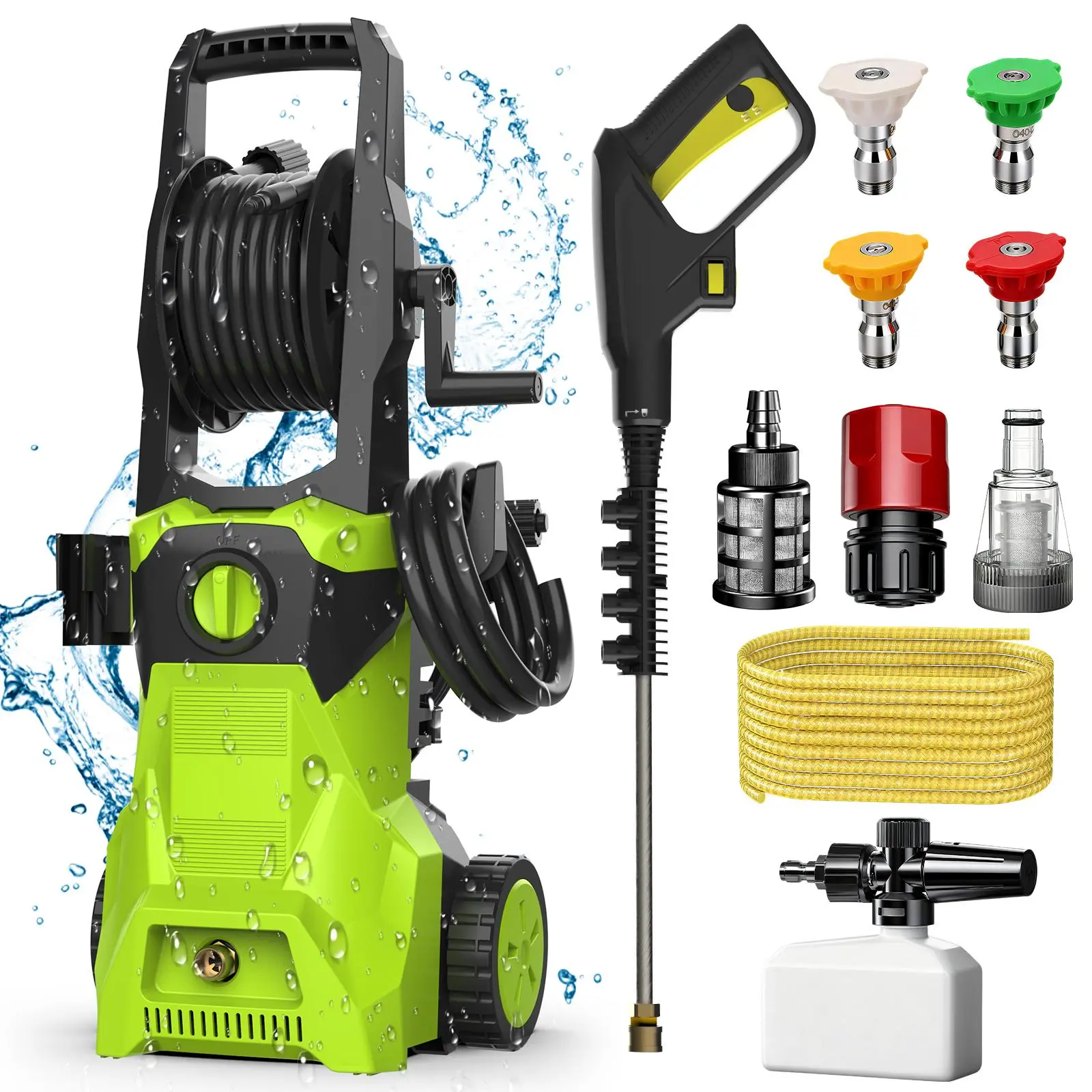 【BackToSchool】 Portable High Pressure Washer 1500W Full Set Kit with Dual Wheels, 2100PSI 1.25GPM Cleaner, 4 Nozzles, Foam Cannon, 16m Hose, Multiple Water Inlets for Cars, Home Users (High Pressure Washers for Concrete/Fence Cleaning)