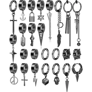 FLORIDECO 13/22/25 Pcs/Set Men Clip on Earrings Stainless Steel Cross Chain Dangle Earrings Black Non Pierced Huggie Hoop Earrings Set for Men and Women Casual Trendy Jewelry