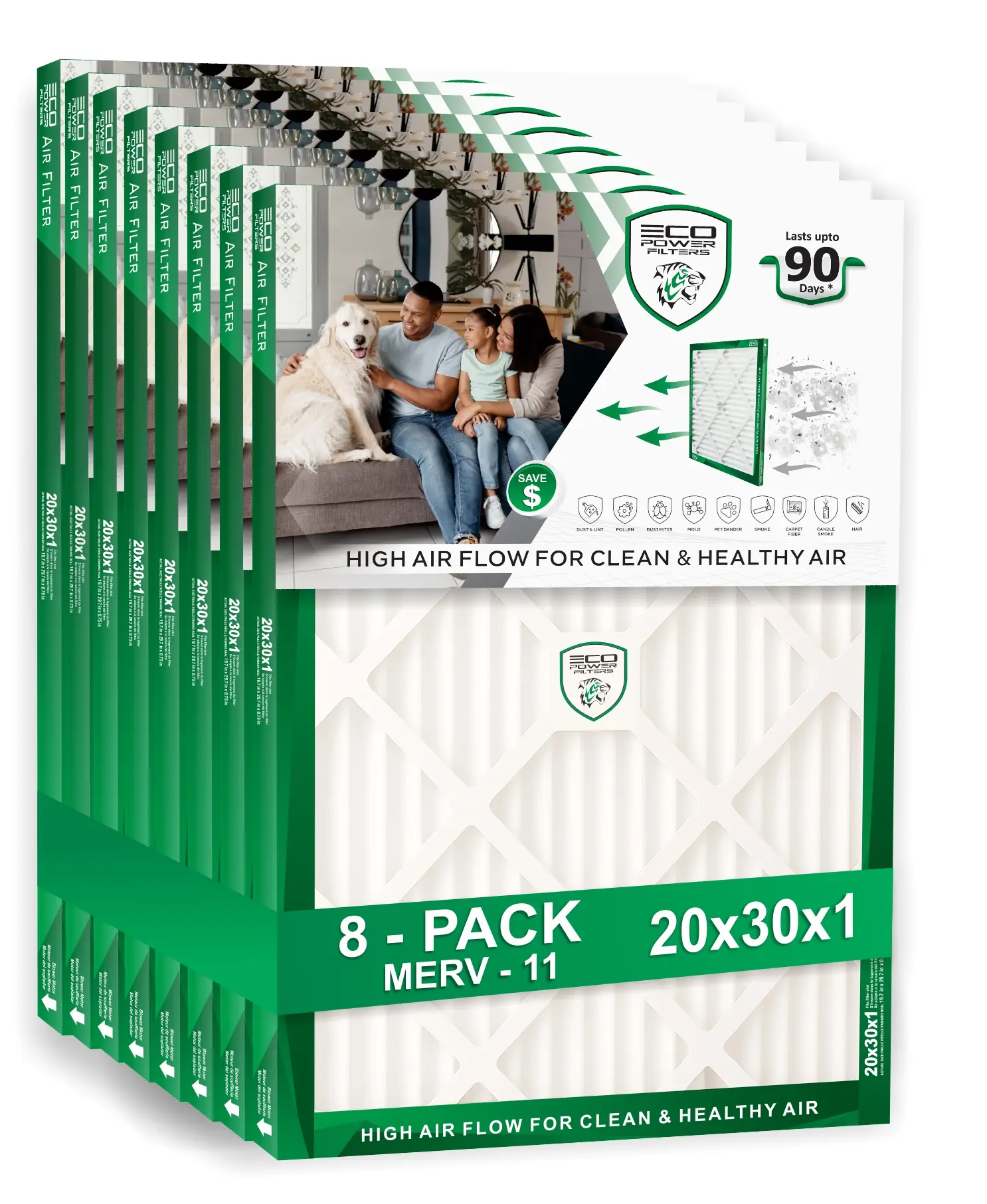 ECO POWER 20x30x1 (8 PACK) Air Filter MERV 11 Pleated HVAC AC Furnace Filter – High Efficiency Air Filter Replacement for Home, Captures Dust, Pollen & Pet Dander – (Actual Size 19.75 x 29.75 x 0.75)