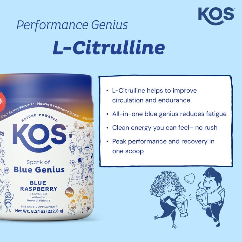 KOS NAD+ Blue Genius - & Cellular Energy Supplement with NMN, RiaGev, 4CreaVida, Alpha GPC for Healthy Aging, Blue Raspberry, 8.21 oz KOS NAD+ Blue Genius - & Cellular Energy Supplement with NMN, RiaGev, 4CreaVida, Alpha GPC for Healthy Aging, Blue Raspberry, 8.21 oz