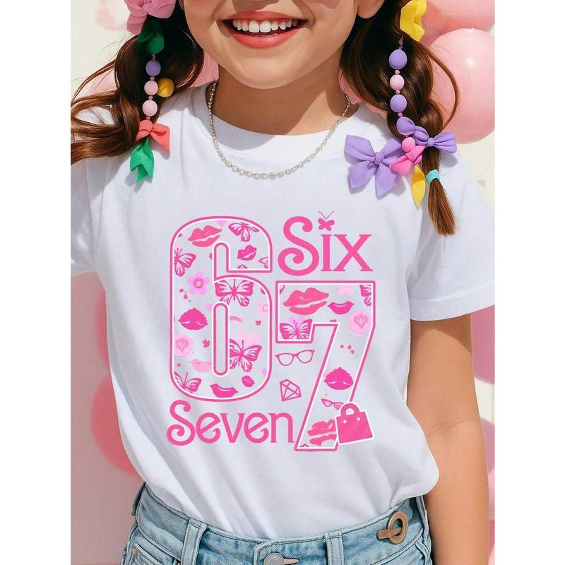 The 67 model sign language Christmas Y2K pink star number six and seven 100% cotton pattern T-shirt for girls, winter clothing for girls, girl Christmas set, funny six and seven couple shirt, 67 hooded shirt, 67 Christmas shirt, black round-neck letter-pr