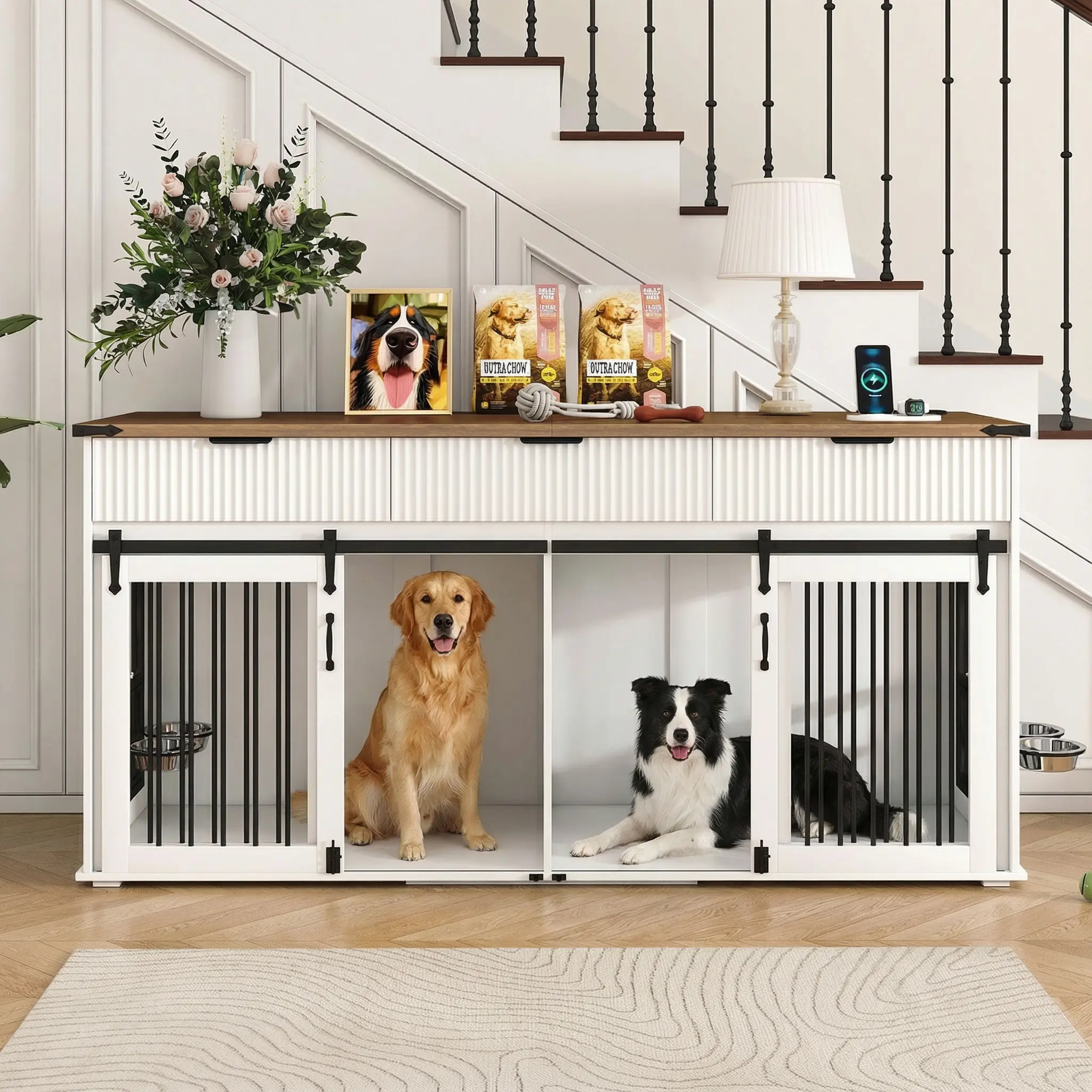 Bellemave 71in Wooden Dog Crate Furniture - Double Escape-Proof Kennel Enclosure with 3 Fluted Drawers, Waterproof Walnut Woodgrain Tabletop, Type-C Outlet, 360-Degree Access Feeder for 134.7lbs Heavy-Duty Dogs, Wooden Crates