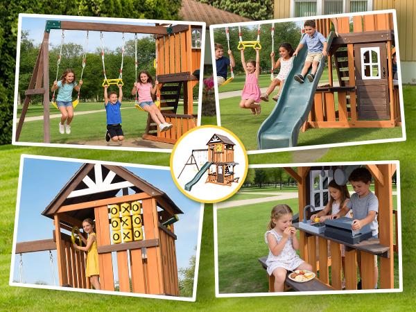 Cedar Wood Swing Set with Wave Slide Play Kitchen Rock Wall Ladder Belt Swings Toy Telescope Steering Wheel Tic-Tac-Toe Balconies Outdoor Playhouse Playground Set for Backyard Garden