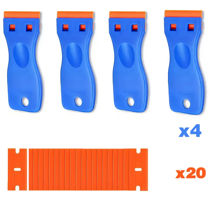 1Set Plastic Razor Blade Scraper, 4PCS Scraper Tool with 20PCS Plastic Blades, Cleaning Scraper Remover for Stickers, Decals, Adhesive, Labels, Paint, Glass, Car, Window, Caulk, No Scratches