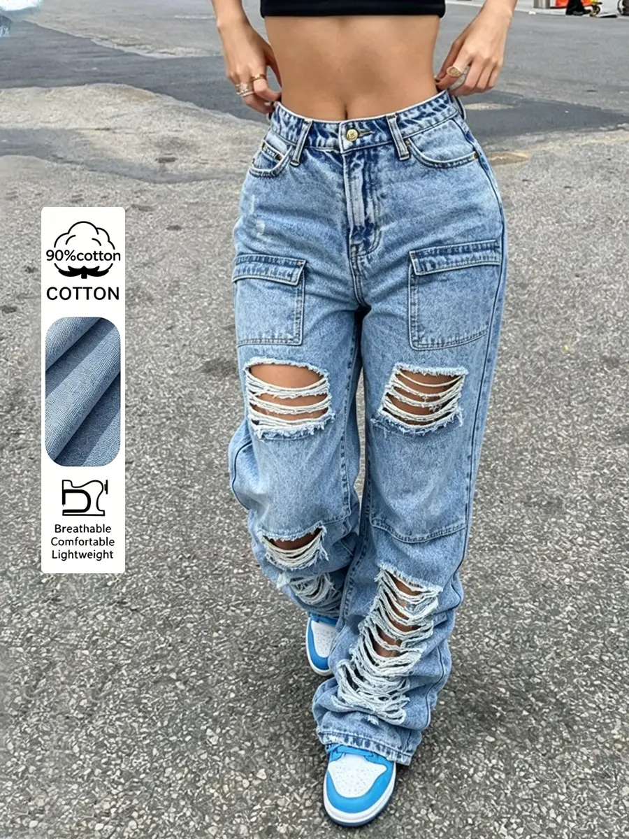 Women's High-Waisted Ripped Cotton Cargo Carrot Jeans - Slim-Fit Button-Front Denim Bottoms with Cargo Pockets, All-Seasons Casual Basic for Streetwear & Work, Pairable with Crop Tops & Blouses, Blue