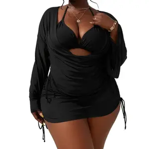 Women's Solid Front Sheer Cover Up Shirt & Shorts Set, Casual Drop Shoulder Long Sleeve Top & Shorts for Beach Vacation, Ladies Summer Swimwear Clothes