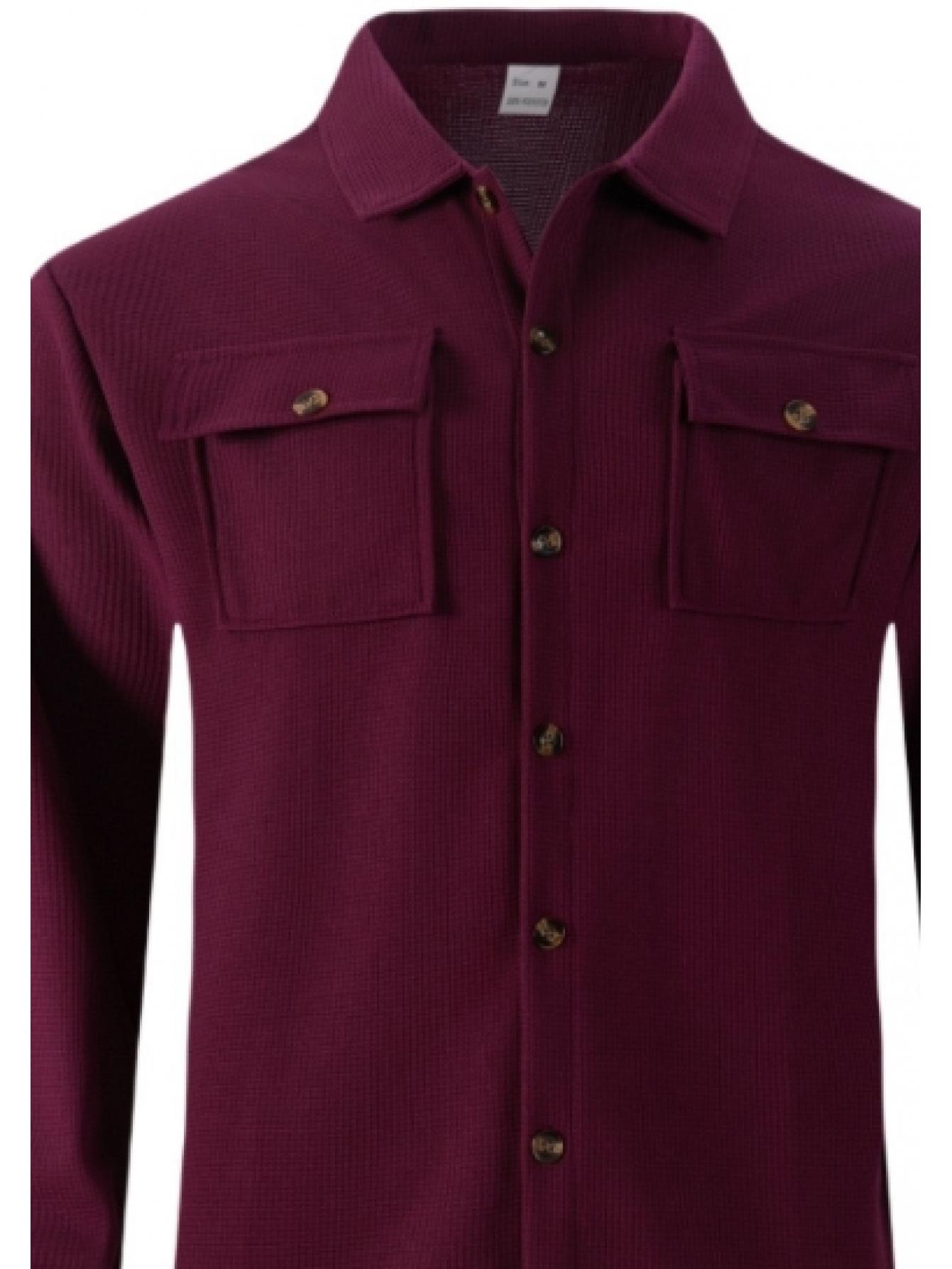 Autumn New Waffle Long Sleeved Pants Two-Piece Set Solid Color Double Pocket Button Up Cardigan Shirt Set for Men