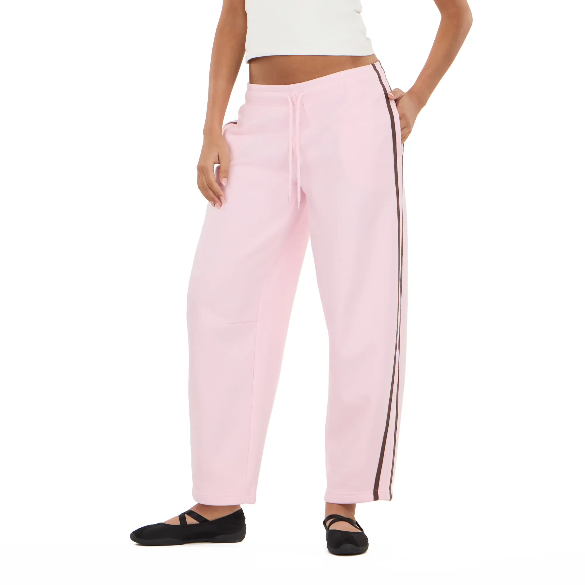 Forever 21 Women's Barrel Leg Joggers - No Print Sweatpants, Comfy Pants, Side Stripe, Adjustable Drawstring, Elastic Waistband, Voluminous Comfort, Sporty Chic Athleisure, Visually Elongating, Gym Wear, Women's Clothes
