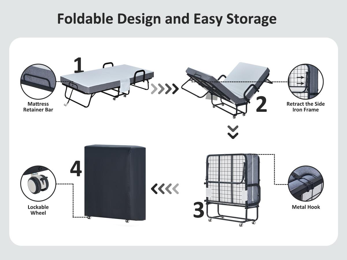 Folding Bed with Mattress, Twin Size Bed Frame, Portable Roll Away Bed with Memory Foam Mattress for Adults, Single Bed with 2 Armrests, 4 Wheels, Bed Side Pocket and Dust Cover