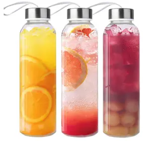 3 Packs Glass Water Bottles with Stainless Steel Lid, Cups Liquid Storage Containers, 17Oz