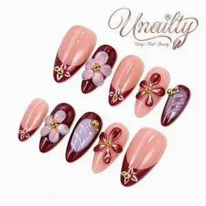 Unailty | Velvet Petals Handmade Acrylic Press-On Nails | Nude Brown & Gold Aura Design | Floral Pearl Detail | Reusable Salon-Quality