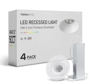 TORCHSTAR LED 2 Inch 13W 5CCT Recessed Lights with J-Box, Receessed Ceiling Light, Round Trimless Downlight, Dimmable, 2700-5000K Selectable (4 Pack)