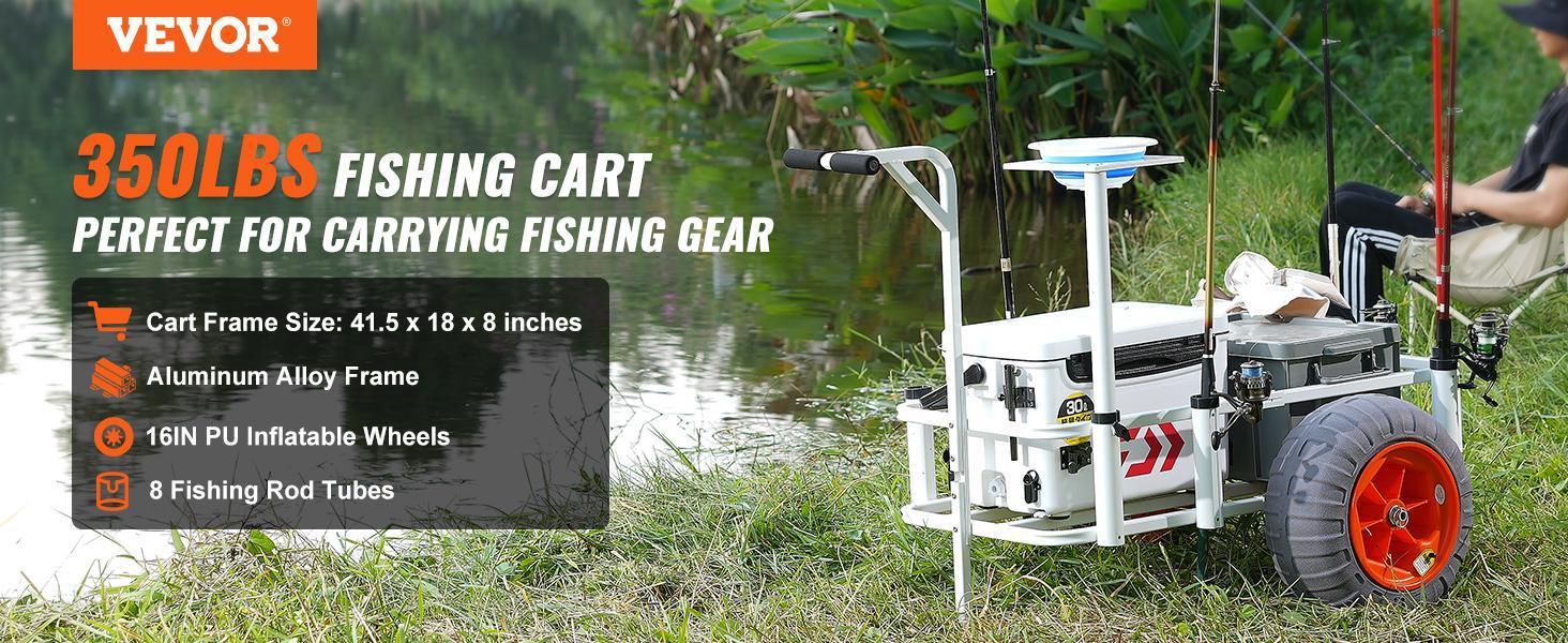 VEVOR Fishing Cart, 350 lbs Load Capacity, 41.5 x 18 x 8 in Heavy-Duty Aluminum Pier Wagon Trolley, 16-inch PU Balloon Wheels for Sand, 8 Rod Holders, Ample Storage Space for Fishing, Picnic