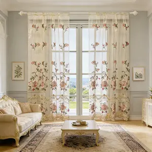 European Floral Jacquard Embroidery Sheer Curtains Villa Luxury Rod Pocket Top Voile Drape for Living Room Curtain Panel Tulle Home Decor 79 inch Wide by 102 inch Long 1 Set of 2 Panels