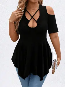 Plus Size Women Elegant Asymmetric Hem U-Neck T-Shirt