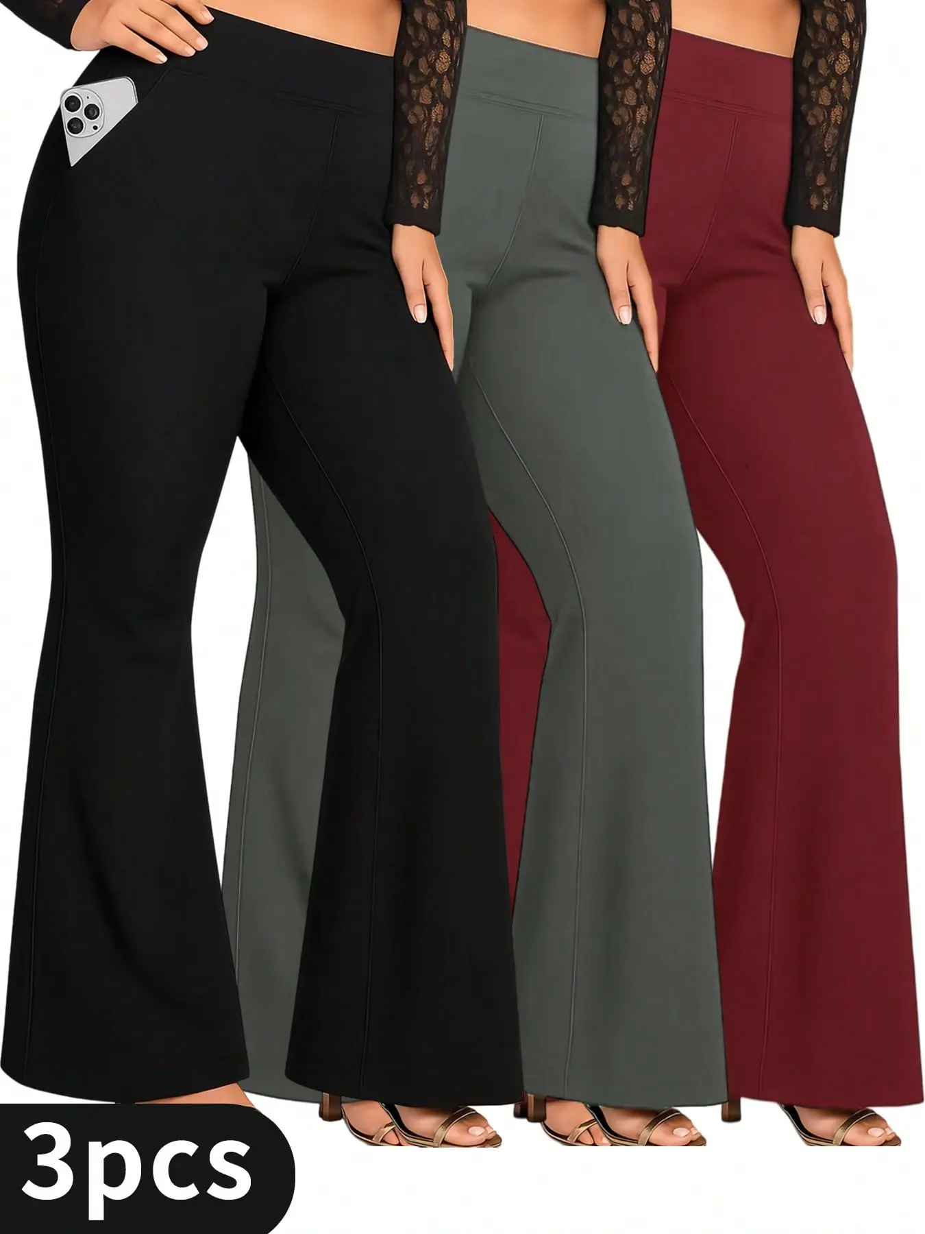 3pcs Fashionable Workwear Style Bell Bottoms, Women Casual Bell Bottoms, High Waist Pocket, Work Style Pants, Quick-Drying Tummy Control Butt Lifting Trousers Flare Leggings Womenswear Flared