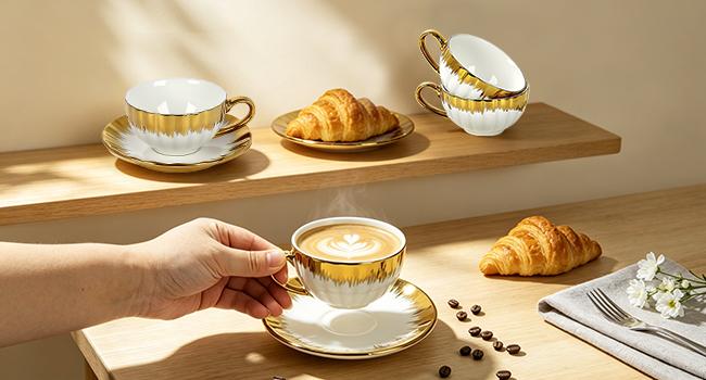 Cappuccino Cups with Saucers, 8 oz Ceramic Coffee Cup Set of 6, Espresso Cups with Sakura Spoons, Porcelain Tea Coffee Mugs for Specialty Coffee Gift, Microwave and Dishwasher Safe