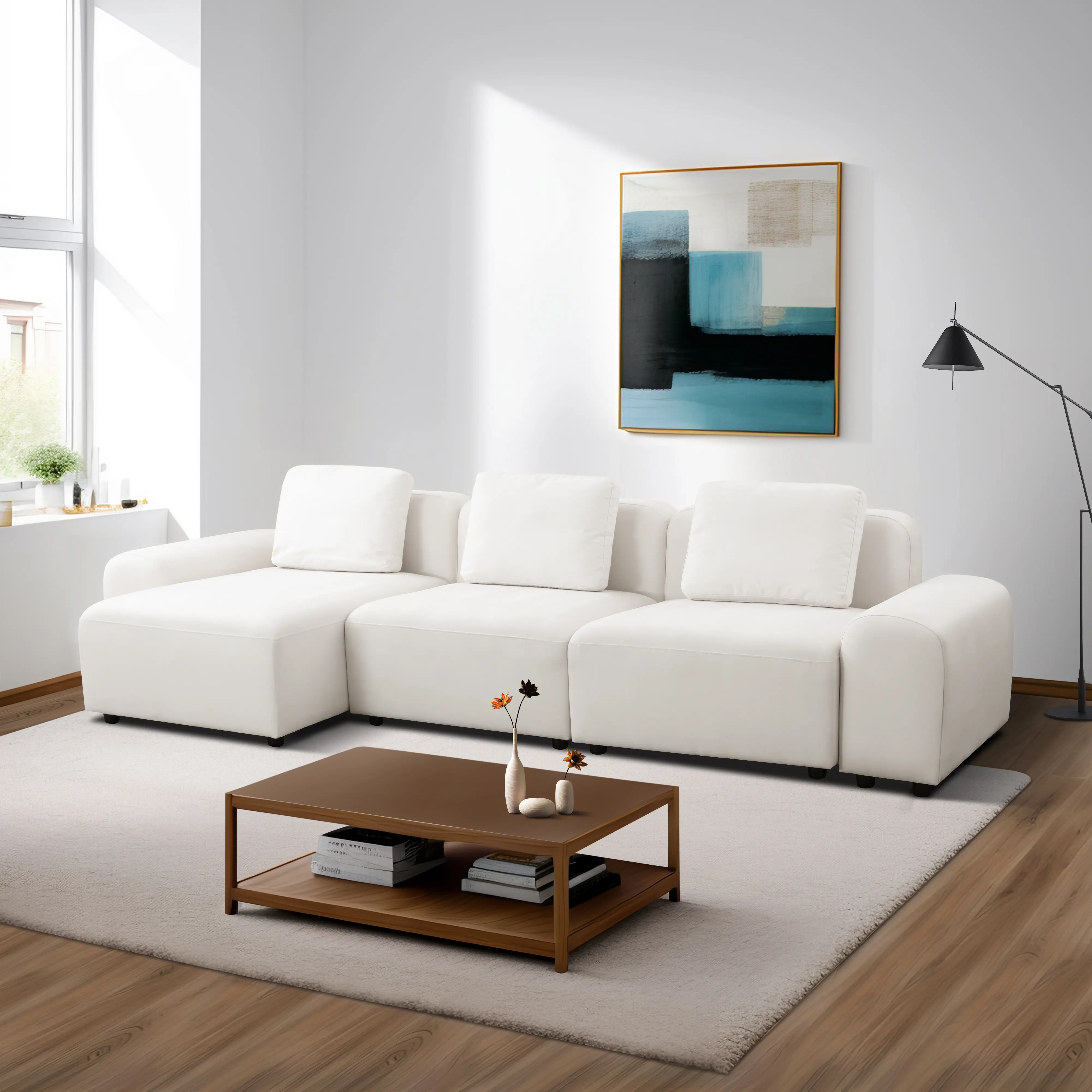 Modern White Microfiber 4-Piece Sofa Set - Sturdy, Durable Upholstered Couch with Fixed Arms, Seats 5, Assembly Required, Easy Maintenance for Living Room, Apartment