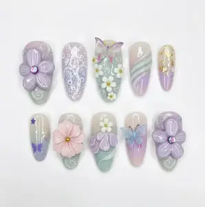 3D Flower Garden Press On Nails Medium Almond, Pastel Butterfly Floral Fake Nails for Summer Vacation
