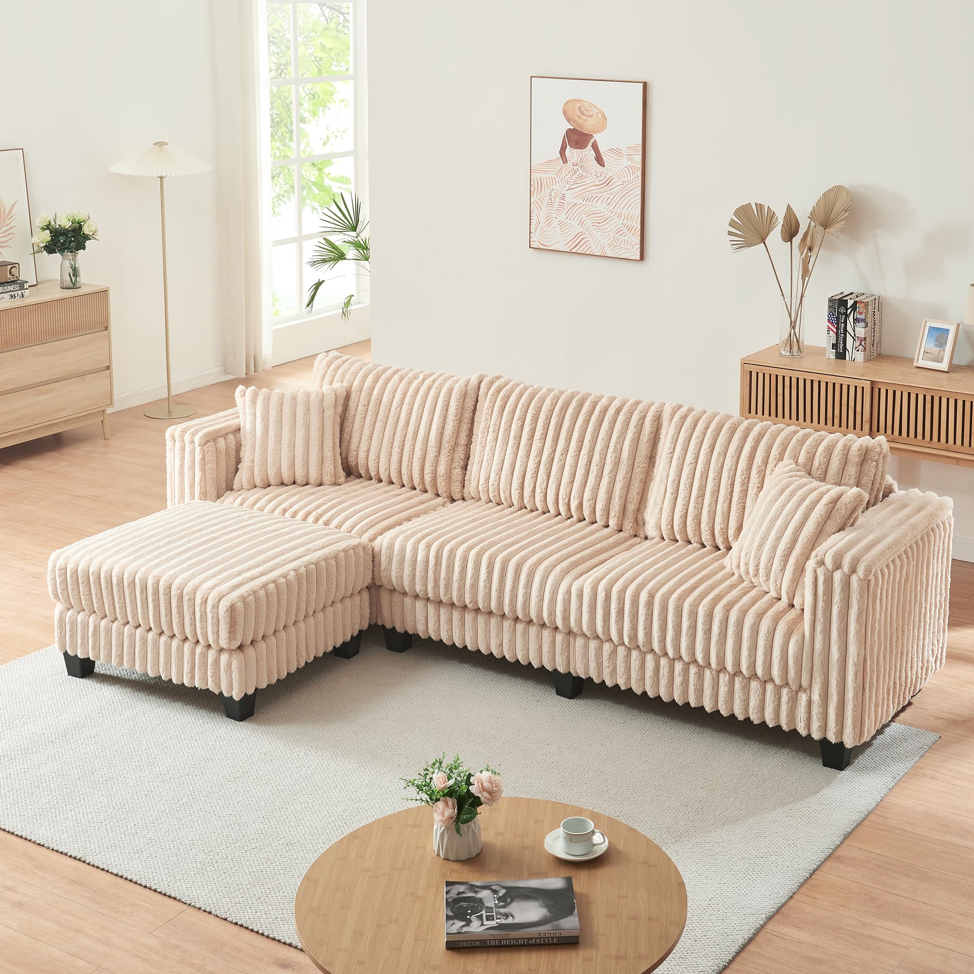 【2 Packages Shipping】Giratree 137" Plush Corduroy Cloud Velvet Modular Couch with Chaise, No Assembly Required L-V-U Shaped Sectional Sofa Set with Flexible Configuration