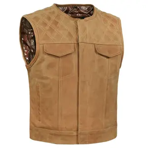 Men's Brown Leather Diamond Stitch Low-Cut Biker Vest