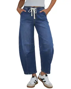 GRAPENT Barrel Jeans for Women Trendy High Waisted Cropped Baggy Wide Leg Pull On Elastic Waist Stretchy Denim Pants