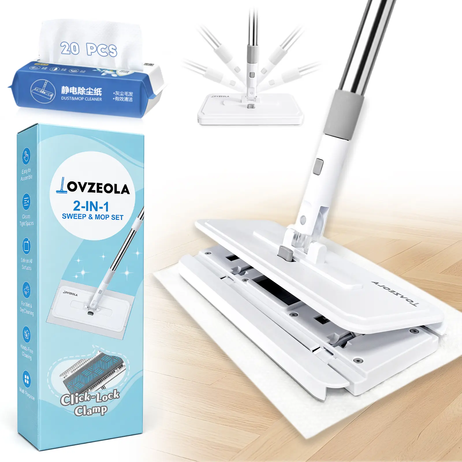 LOVZEOLA Flat Floor Mop with Stainless Steel Handle, 360° Rotating Dust Mop for Hardwood, Laminate, Tile, Marble, Glass, Vinyl, Wet & Dry Sweeping Mop, Ultra-Thin Base for Under Furniture, Universal Floor Cleaning Tool