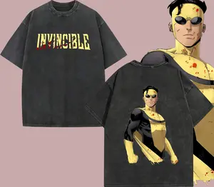 Superstyle Limited Mark Grayson Invincible Universe War Comic Double Printed Oversize Lightweight Acid Washed Tee TV Series Graphic Tee Cotton T-Shirt