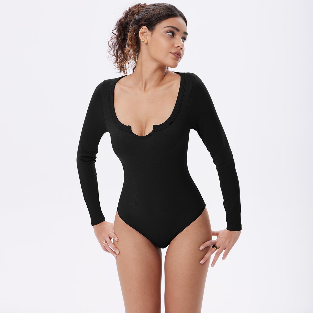 OQQ Women’s Long Sleeve Bodysuit – Stretchy Ribbed Fabric U-Neck With Notched Casual Chic Top For Daily Wear Or Layering