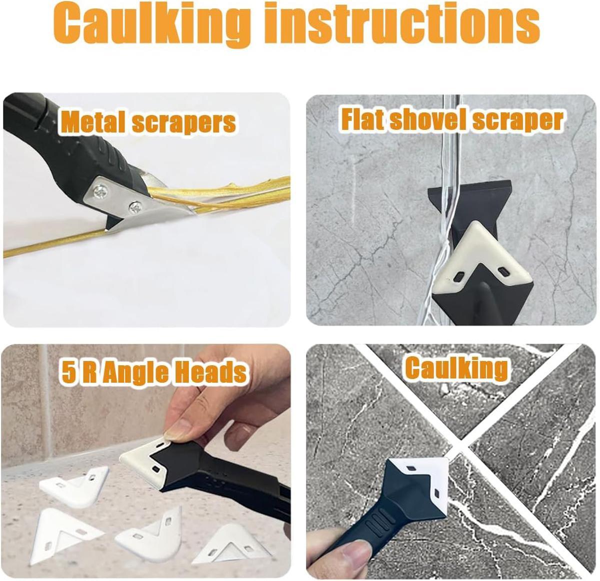 PUKEGM 3 in 1 Silicone Caulking Tools(Stainless Steelhead,Sealant Finishing Tool Grout Scraper, Reuse and Replace 5 Silicone Pads,Great Tools for Kitchen Bathroom Window, Sink Joint PUKEGM 3 in 1 Silicone Caulking Tools(Stainless Steelhead,Sealant Finishing Tool Grout Scraper, Reuse and Replace 5 Silicone Pads,Great Tools for Kitchen Bathroom Window, Sink Joint