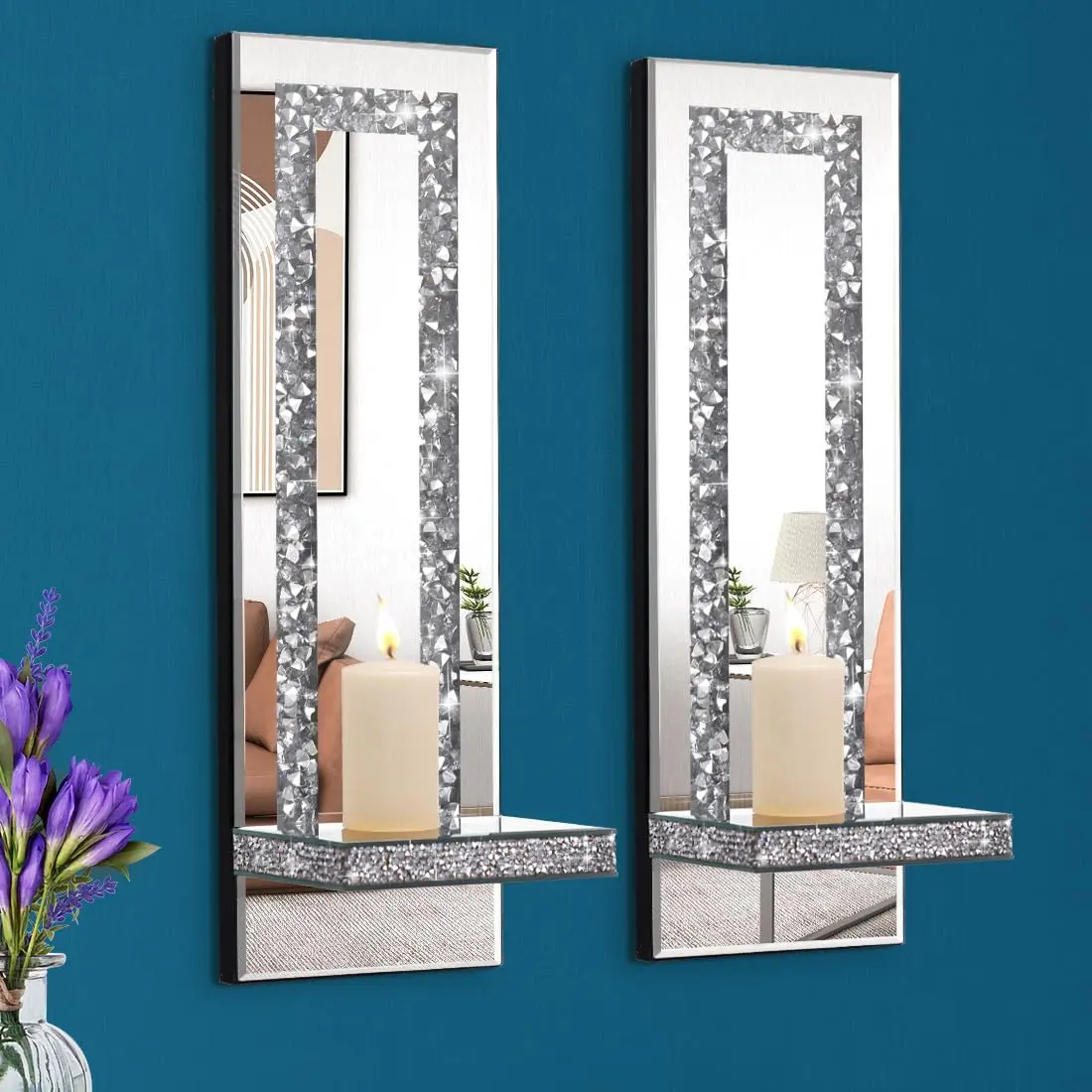 2-Pack Modern Silver Crystal Candle Holders Mirror Set, Stylized Wall Lighting Fixtures with Rectangular Stripe Candle Stand, Gift-Ready Luxury Decor for Living Room Interior Decoration Accessories, Decorative