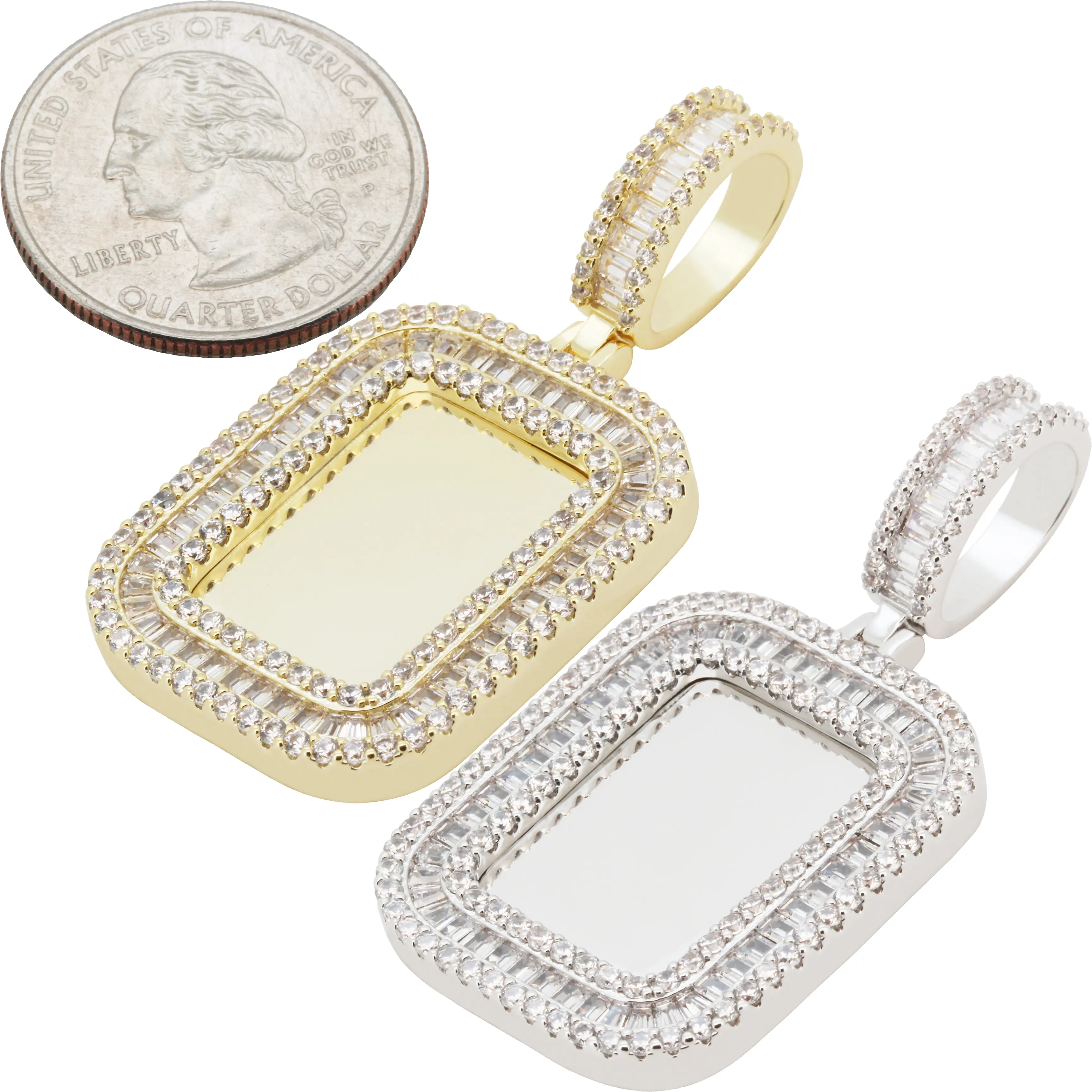 14k Yellow/White Gold Plated AAA Cubic Zirconia Dog Tag Memory Pendant