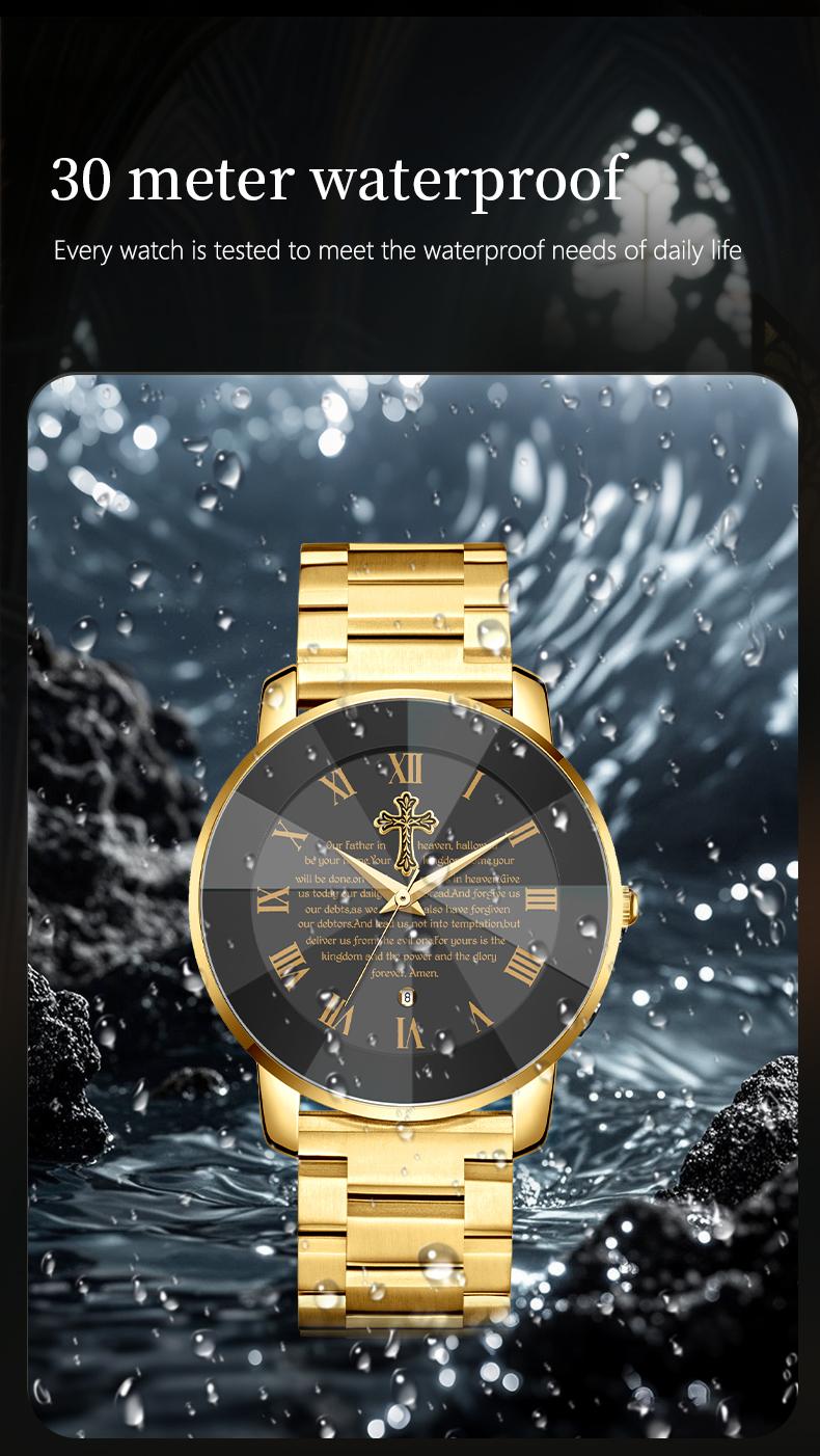 【Holiday Haul】Men's and Women’s Watch with Bible Verse and Cross Design, Waterproof Stainless Steel Band, Business Casual Style, Gold Sapphire Crystal, Perfect Gift for Birthdays, Christmas, and Halloween Quartz Chronograph Rhinestone