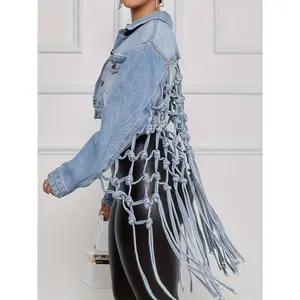 Back Woven Mesh Tassel Hem Denim Jacket, Hollow Out Knotted Cropped Denim Coats, Women'S Denim Jackets & Clothing