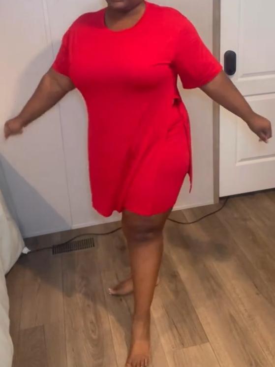 Women Plus Size 2 Piece Outfits  Lady Basic Crewneck Short Sleeve Tunic Tops and Skinny Biker Shorts Sets Tracksuits Casual Soft Womenswear