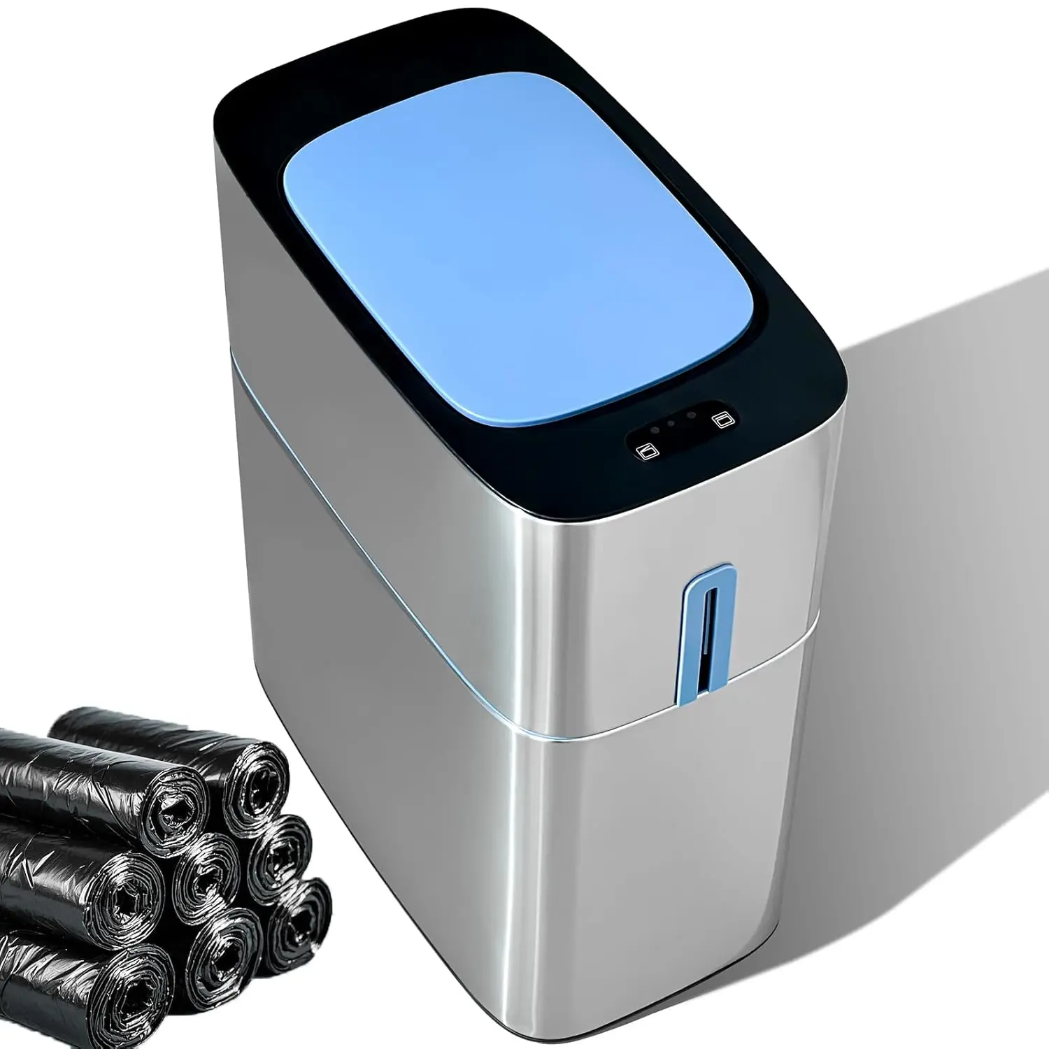 Joybos Narrow Stainless Steel Lidded Trash Can - Touchless Waste Bin with Advanced Automatic Sensing Technology, Odor Seal, Dog-Proof Metal Design for Bathrooms/Kitchens (7.1x12.6x15.4in, Battery Not Included), Three Kinds Of Smart Opening Ways