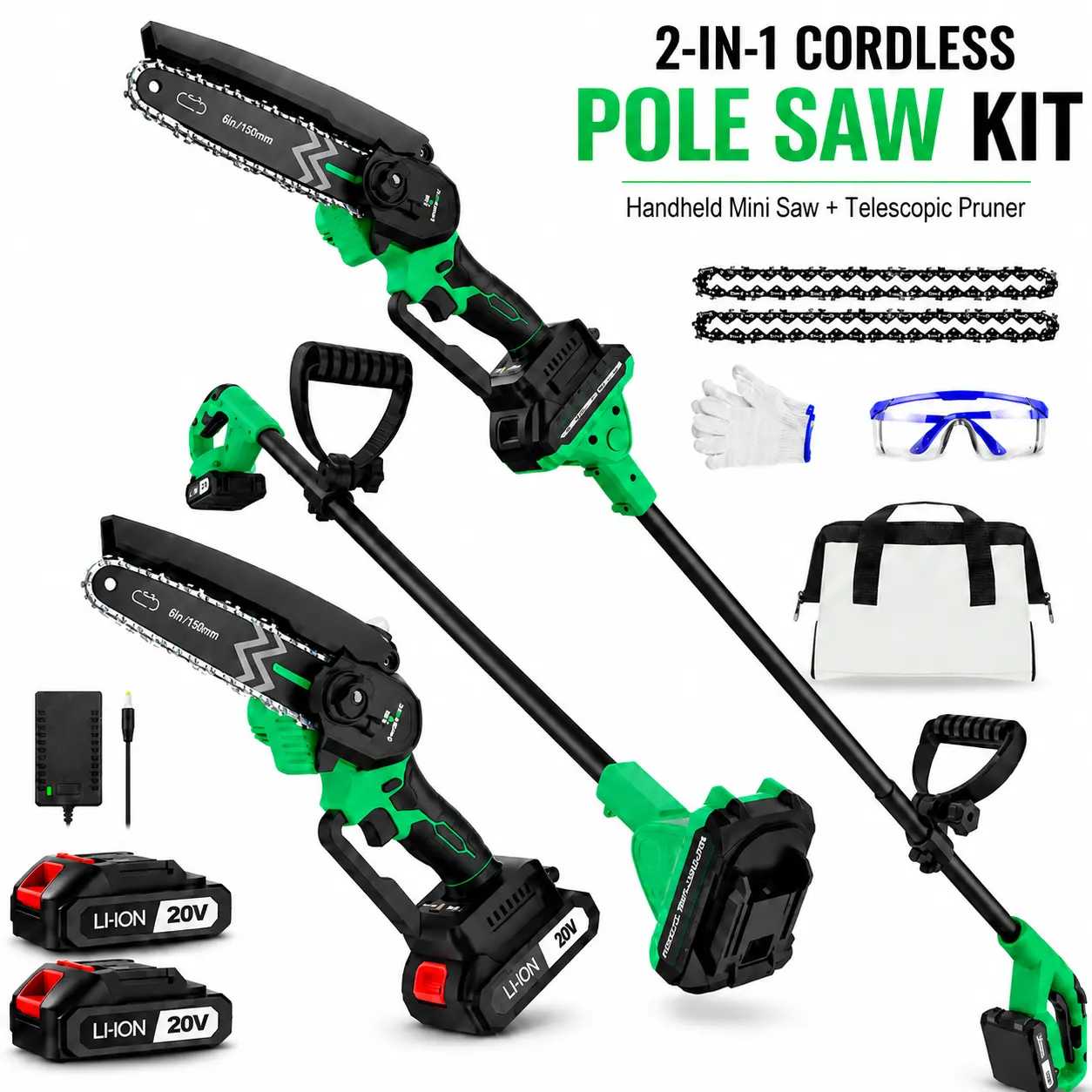 20V 2-in-1 Cordless Pole Saw & Compact Chainsaw Combo Kit - 6" Blade Metal Portable Chainsaw, Telescopic Extension Pole, 2 Batteries, Anti-Slip Grip, High Branch Saws, Garden Yard Trimming Tool