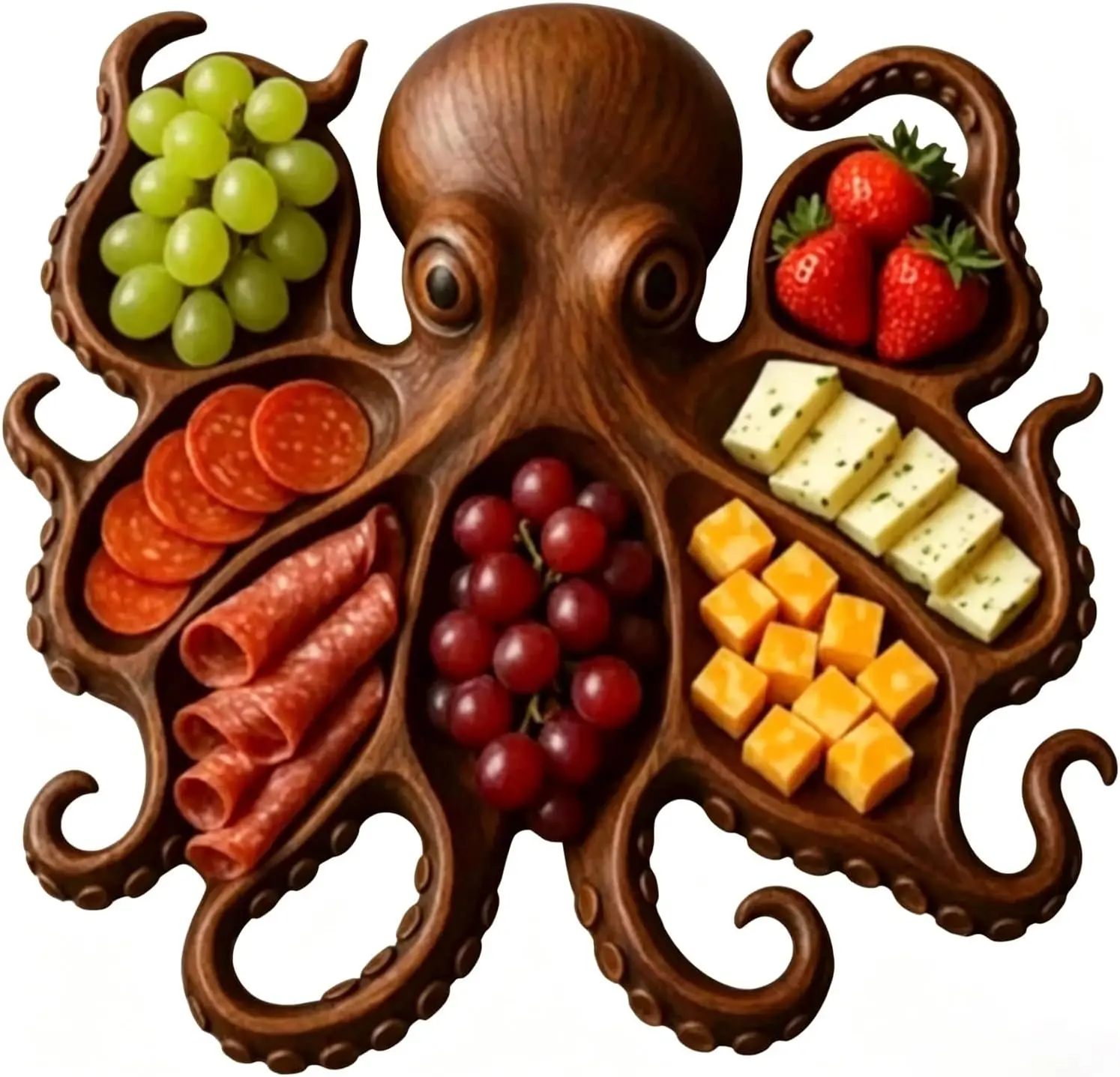 Pine Wood Octopus-Shaped Divided Serving Tray, Multi-Compartment Fruit & Snack Platter for Cheese, Appetizers & Party Table