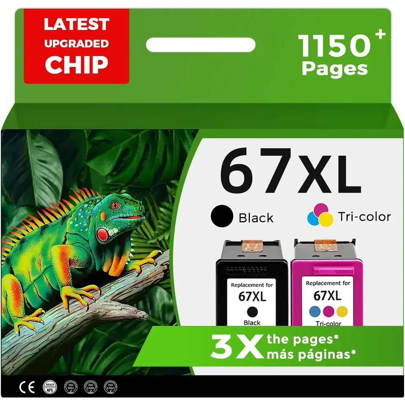 67XL Replacement Ink Cartridges, 2-Pack Black & Colored Combo for HP 67/HP67XL Printers (2855e,2827e,2700 Series,4100 Series,4255e,6400 Series,6000), 2.5-3x More Capacity, Efficient Printing, Protects Printer & Environment, Colored Ink Cartridges, Protect