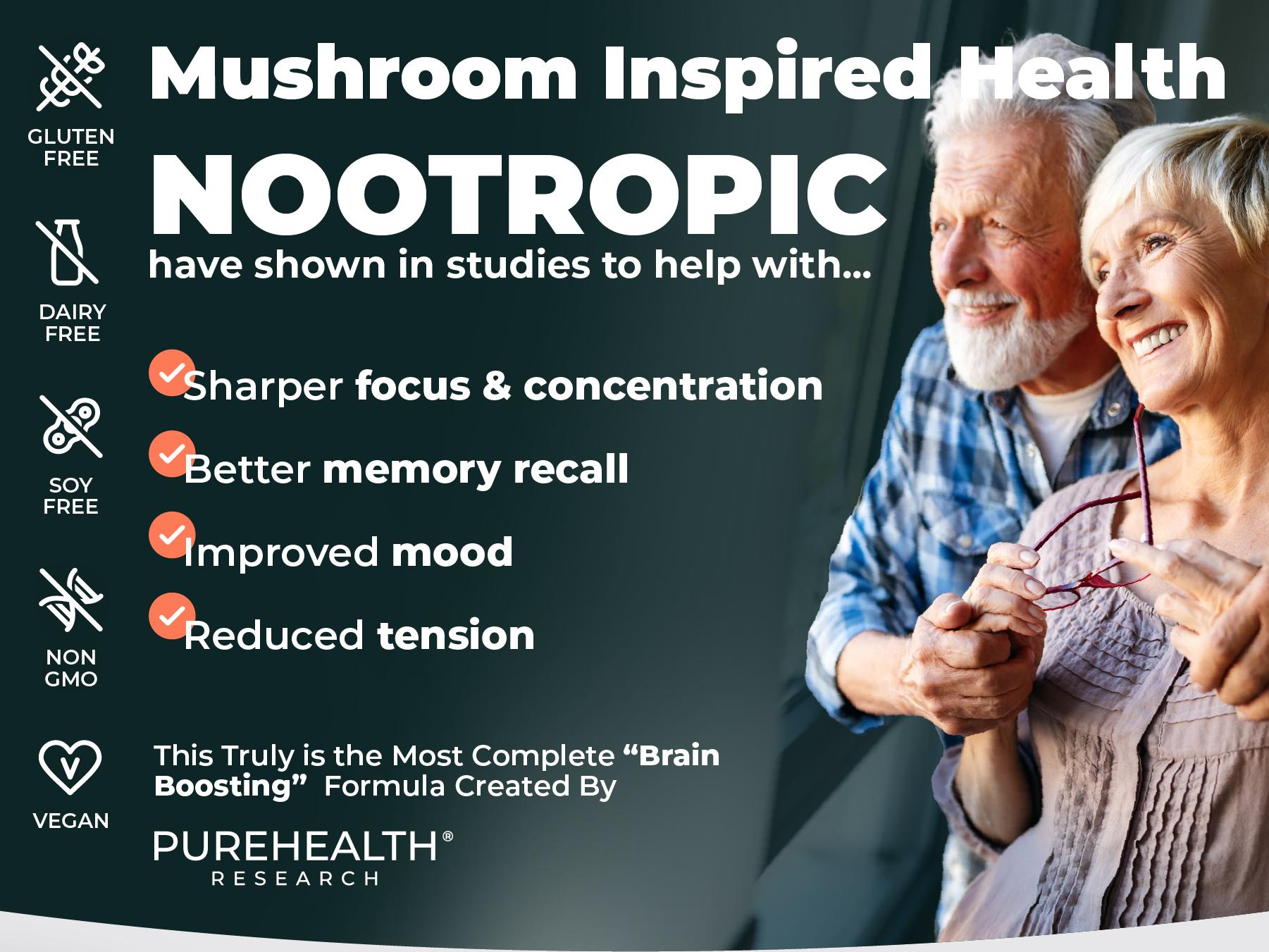 Nootropics Brain Memory and Focus Supplement by PUREHEALTH RESEARCH - Lions Mane, Shiitake, Chaga, Reishi Mushrooms Powder - Cognitive Health with Bacopa Monnieri and Gingko Biloba Extract, 1 Bottle Dietary Healthcare