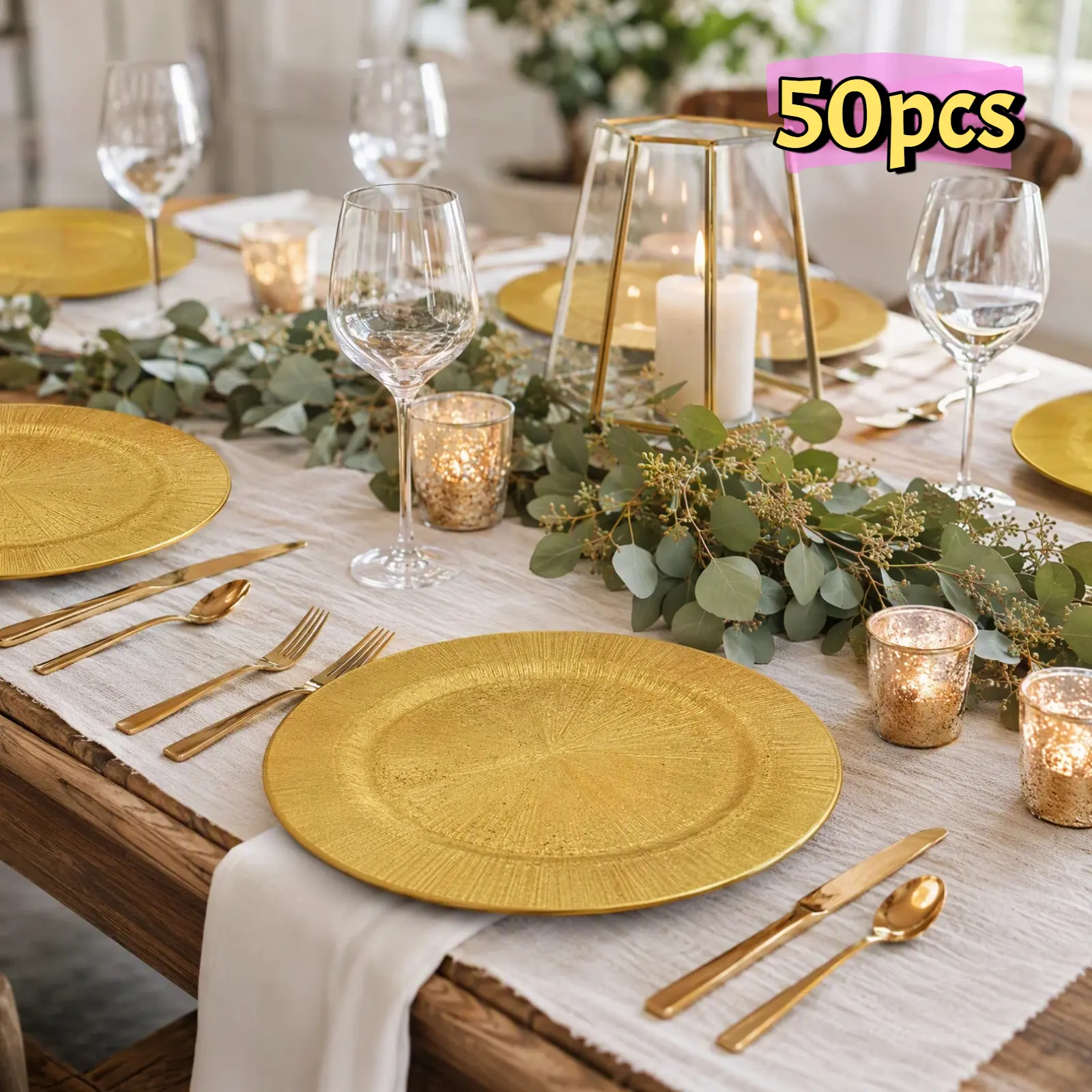 CNCEST 50-Pcs 13-in Round Charger Plates Food Grade Plastic Serving Charger Plates Disposable Black/Silver/Gold Platters Box, Easy Maintenance & Storage Party Supplies for Weddings, Birthdays, Housewarmings, Birthday