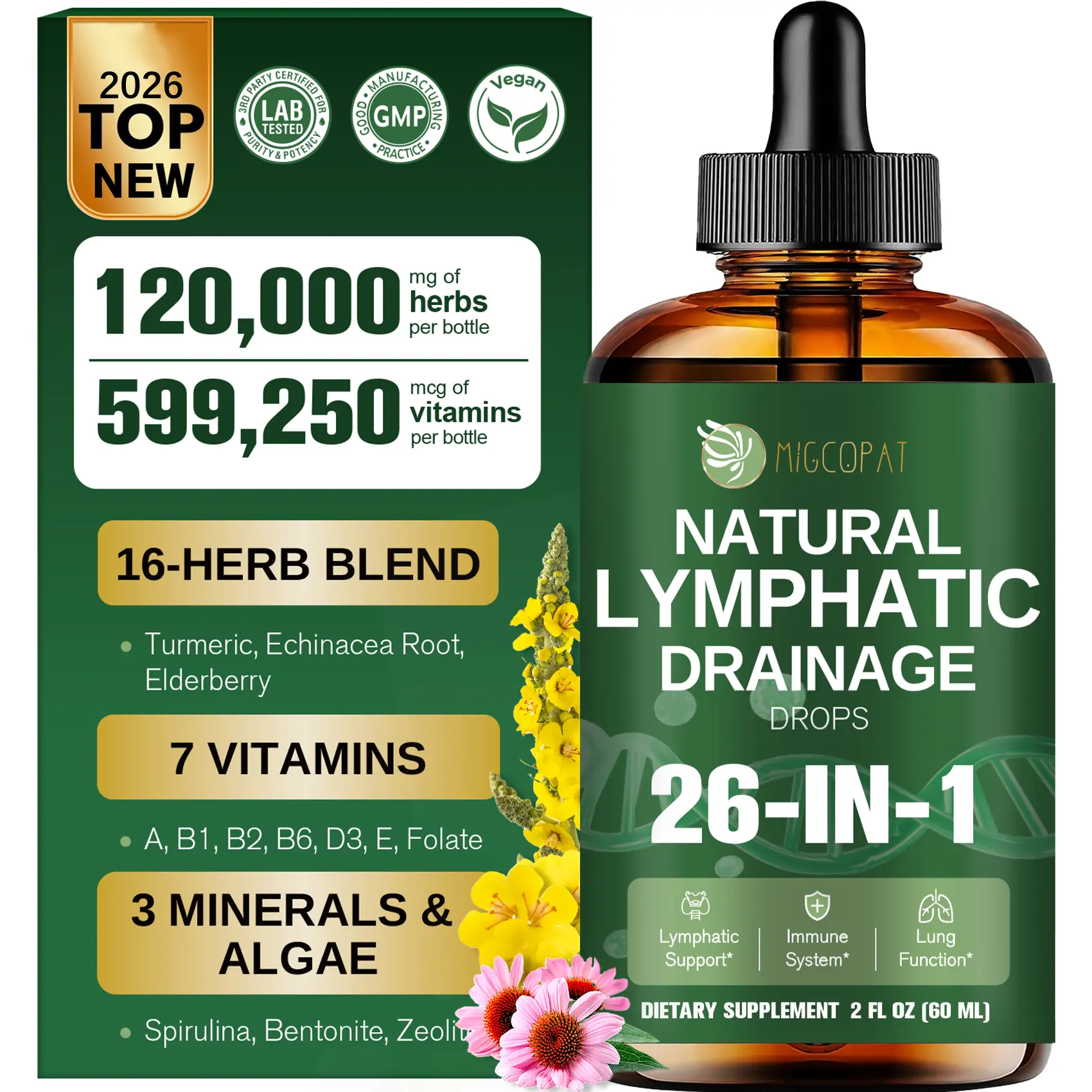 Migcopat 26-in-1 Liposomal Lymphatic Drainage Drops, Echinacea, Turmeric, Elderberry, Dandelion, Vitamins and Mullein Drops for Lungs, Lymphatic, Immune Support, Liver Cleanse Detox & Repair, 2 fl oz,#backtoschool