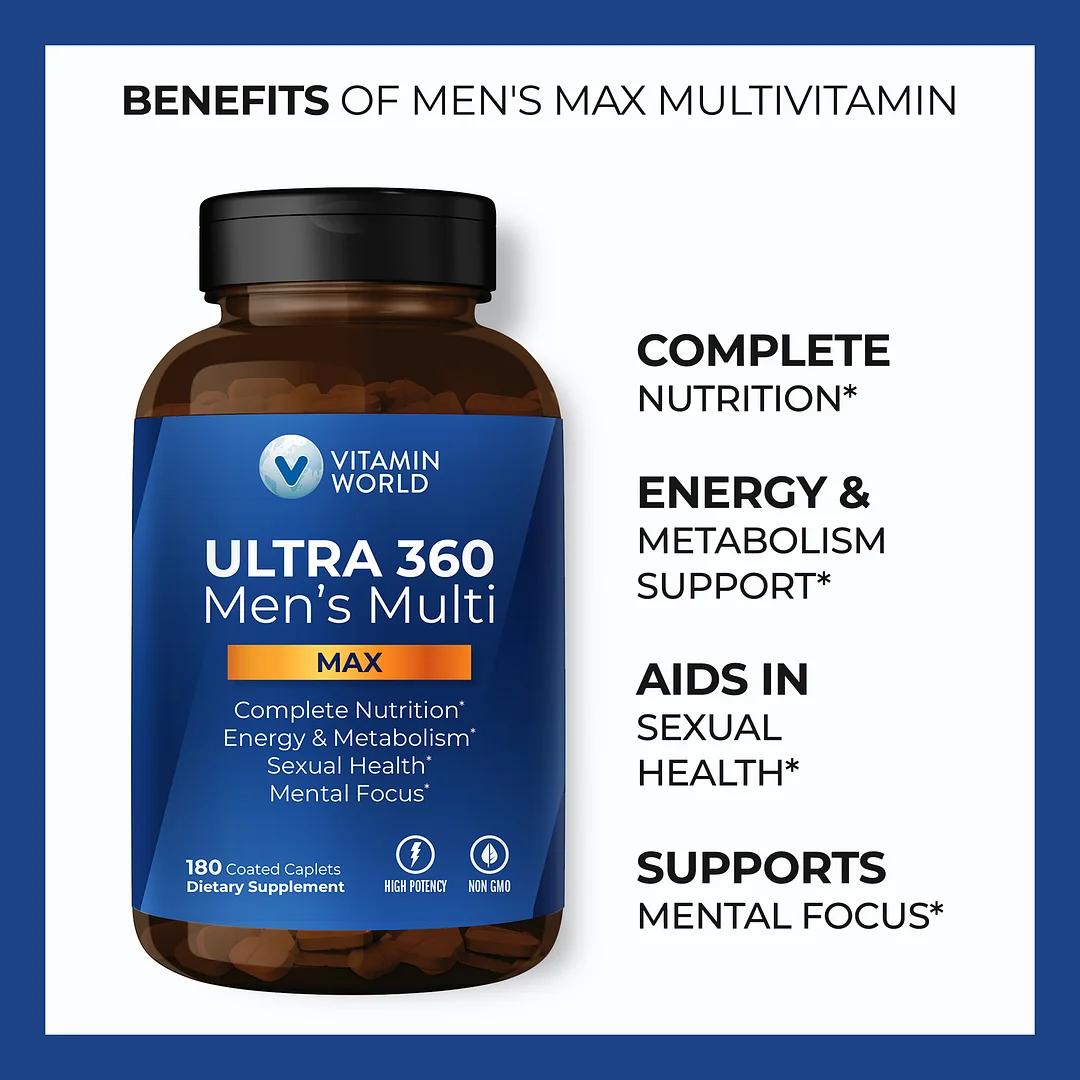 Vitamin World ULTRA 360 Men's Max Multivitamin, Max for Men Daily Multivitamin - Non-GMO, Gluten Free - Supplement, Healthcare Fitness, Edible Dietary