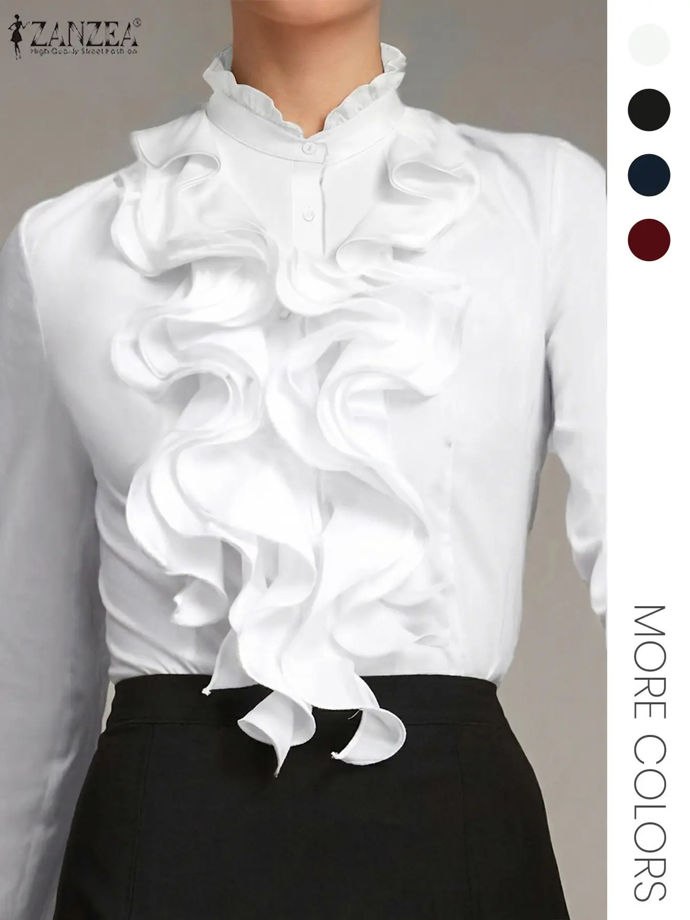 Women's Plain Ruffle Trim Button Front Button Up Blouse Shirt, Elegant Feminine Chic Fitted Long Sleeve Stand Collar Top for Work Office Business, Womenswear Lady Women's Clothing for Fall & Winter