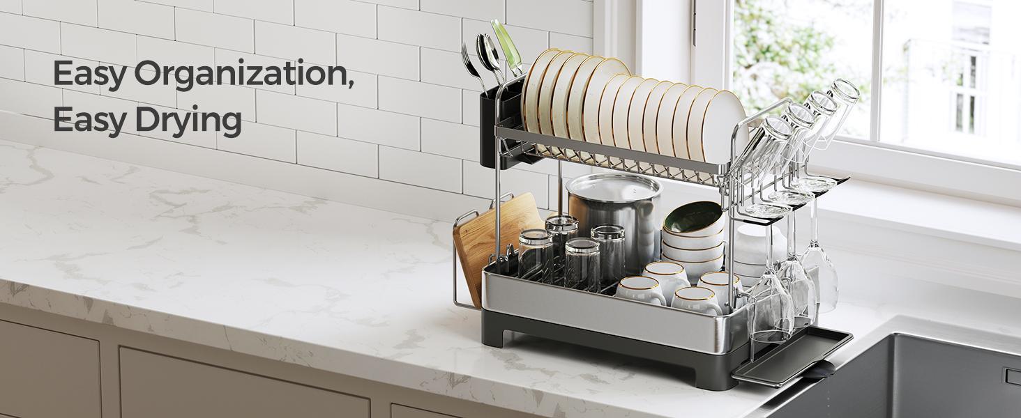 SONGMICS Stainless Steel Dish Drying Rack for Kitchen Counter with Rotatable and Extendable Drain Spout, Dish Drainer