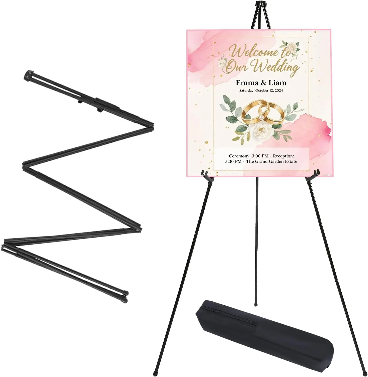 63" Adjustable Height Metal Frame Tripod Easel Stand - Quick Setup, No Installation, Folding Legs, Vertical Support, 2 Clips, Portable for Painting, Signs, Wedding/Gallery Display