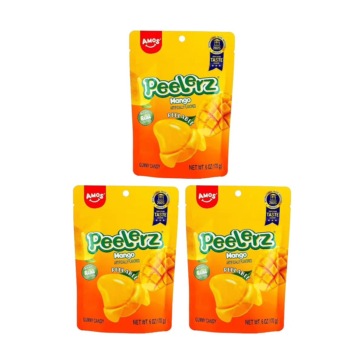 3 Pack AMOS Peelerz Peelable Gummy Candy Mango Flavor 6 oz Each - Real Fruit Juice, Chewy Fun Snack