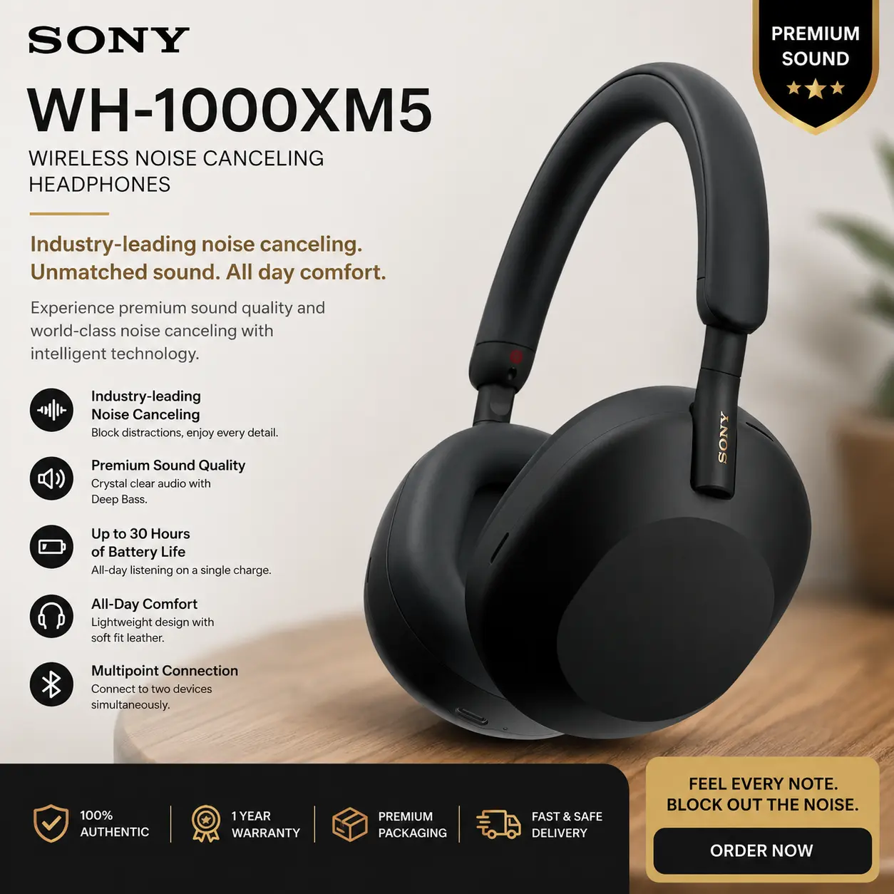 SONY WH-1000XM5 Over-Ear Bluetooth Headphones - 45Wh Long-Lasting Lithium-Ion Batteries, Active Noise Cancellation for Calm Focus, High-Quality Audio for Audiophile Lifestyle, Wireless Convenience